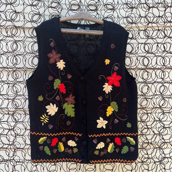 Vintage 90s Holiday Editions Fall Floral Harvest Acorns Sweater Vest - Picture 1 of 4